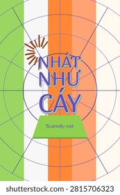 SCAREDY-CAT written in Vietnamese text art with retro modernist pop palette and concentric spoke lattice pattern