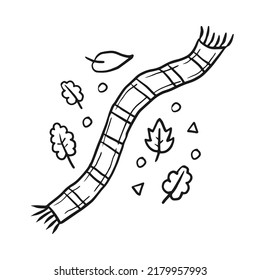 Scarf autumn doodle with leaves. Cute hand drawn fall foliage with warm cloth element. Black and white line art vector illustration. Simple seasonal concept design, square card