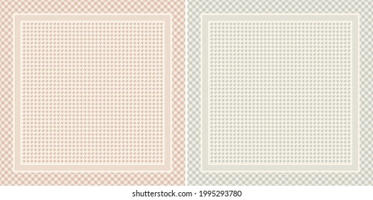 Scarf background with houndstooth check and gingham border in grey, pink, beige. Square design for spring autumn silk or satin scarf, bandana, shawl, hijab, other modern fashion textile print.