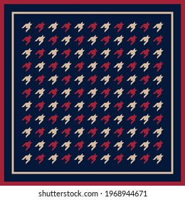 Scarf background. Houndstooth check in navy blue, red, beige. Geometric dog tooth vector graphic with border lines for spring autumn bandana, handkerchief, scarf. Modern elegant fashion textile print.