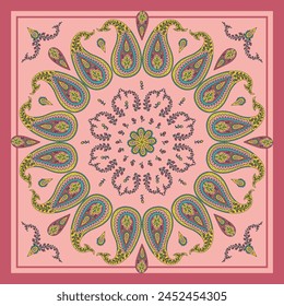 Scarf or bandana design with paisley mandala pattern and floral elements. Ethnic carpet design.