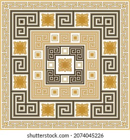 Scarf, Bandana Print, Neckerchief, Kerchief, Carpet. Greek Meander Border Frieze With Square Flower Décor, Gold Cable Frames On A White Background. 5 Pattern Brushes In The Brush Palette