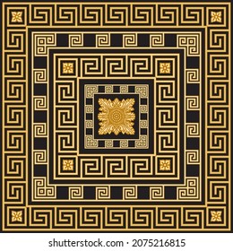 Scarf, bandana print, neckerchief, kerchief, carpet. Greek meander border frieze with square flower décor, gold frames on a black background. 4 pattern brushes in the brush palette