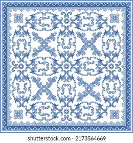 Scarf, bandana print, square pocket range, carpet. Baroque scrolls , blue oriental arch border on a white background