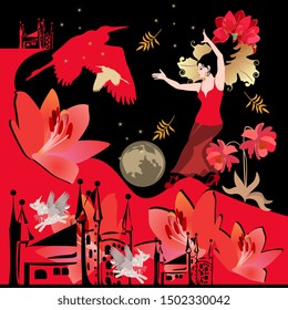 Scarf or a beautiful square poster with a dancing girl, fabulous winged unicorns, castles, flowers, heron silhouettes against the night sky with stars and the moon in gold, red and black colors.