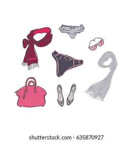 Scarf, boots and sun glasses illustration. Packing for vacation. Female clothing set. Vector hand-drown objects illustrations of fashion collection. Accessories.