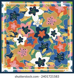 Scarf with colorful flower pattern design. Silk scarves motif