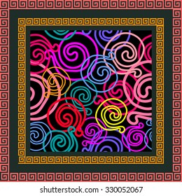 Scarf with colorful scroll roses and meander border. Ethnic textile design collection. Backgrounds & textures shop.

