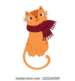 Сat in the scarf. Cute kitten character. Mascot of goods for pets, сat clothes. Knitwear for cats. Winter postcard. Vector illustration.