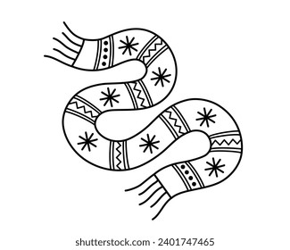 Scarf with cute simple ornate. Winter wear. Isolated Christmas element for greeting card, labels. Outline vector illustration.