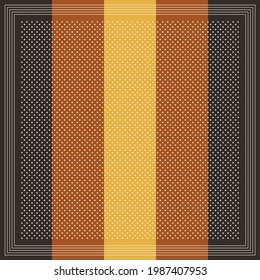 Scarf design for autumn winter in brown and yellow. Striped square background vector graphic with polka dots for scarf, bandana, shawl, hijab, other textile print. Simple fabric accessory.