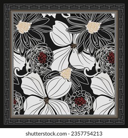 scarf design with beautiful black and white flowers pattern image