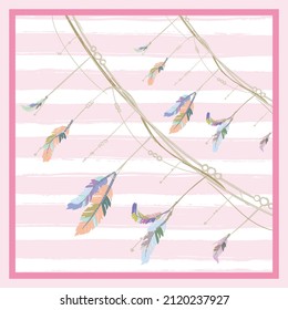 Scarf design bird feathers on a branch 