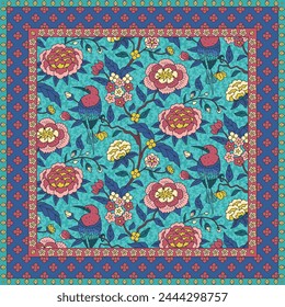 Scarf design with ethnic indian trailing flowers and birds motifs. Persian boho chic floral background. Tribal textile print.