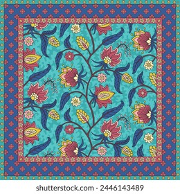 Scarf design with ethnic indian trailing flowers motifs. Persian boho chic floral background. Tribal textile print.