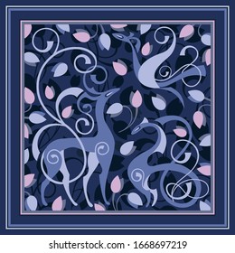 Scarf design with fantastic animals and flowers in blue, pink and lilac colors