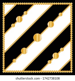 Scarf Design with Golden Chains on Black and White Background. Modern Pattern Made for Textile and silk print.