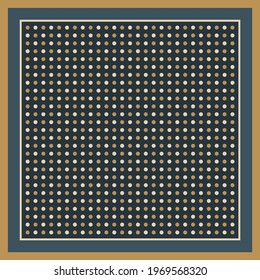 Scarf design in grey blue, gold, beige. Modern background with polka dots and border for spring autumn scarf, shawl, headscarf, bandana, hijab, other fabrics. Elegant fashion textile print.