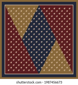 Scarf design with hounds tooth checks. Square dark vector in navy blue, red, gold brown, beige for scarf, bandana, shawl, hijab, head scarf, neckwear, other modern spring autumn fashion textile print.