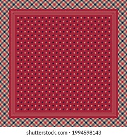 Scarf design with houndstooth check and vichy border in navy blue, red pink, beige. Square background for autumn winter silk or satin scarf, bandana, shawl, hijab, other modern fashion fabric design.