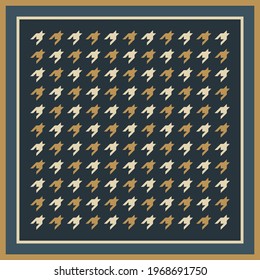 Scarf design houndstooth for menswear in blue, gold, beige. Geometric dog tooth vector background with border lines for spring autumn for bandana, handkerchief, scarf. Modern elegant fashion print.