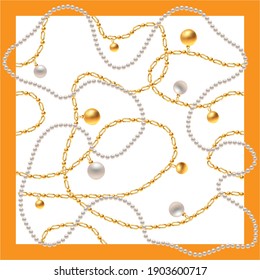 Scarf design with jewelry, chains, beadworks and pearls. 3d vector illustration.