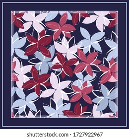El diseño de la bufanda con flores de marrón, rosa y gris sobre un fondo azul-violeta oscuro.