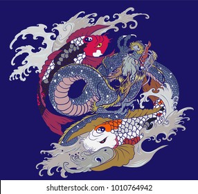 Scarf design and paper cut style dragon roaring among two koi carp fish.Dragon and koi fish fighting and water splash.doodle art and zentangle style.koi carp swiming in circle look like Yin-Yang.