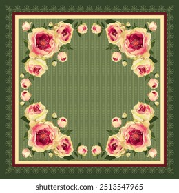 Scarf design with pink baroque roses elements. Beautiful and elegant bouquets of roses. Hijab, handkerchief, pillow, bandana and interior textile design.