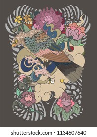 Scarf design for Printing Eagle flying tattoo.Traditional Japanese eagle with Thai flower on cloud tattoo.White headed American bird tattoo design.