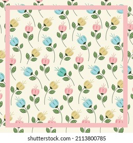 Scarf design seamless floral pattern with frame and frame on pink background