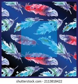 Scarf design seamless pattern with bird feathers on blue background