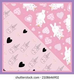 Scarf design seamless pattern with unicorn and heart on two tone background