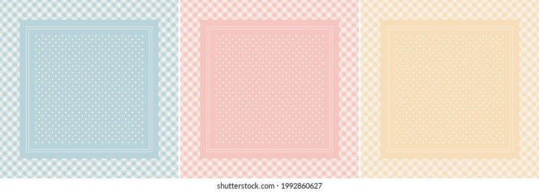 Scarf design set in pastel blue, pink, yellow, off white. Square light vector background with light gingham vichy check border and polka dots for spring summer silk scarf, bandana, shawl, hijab.