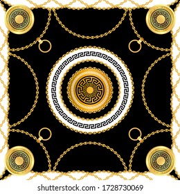 Scarf design for silk print. Golden chains on black background. Modern Pattern Ready for Textile.	