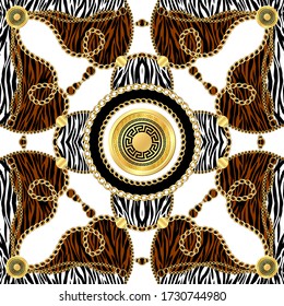 Scarf design for silk print. Golden chains with zebra skin on white and brown background. Modern Pattern Ready for Textile.