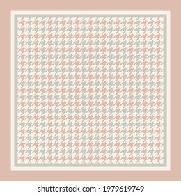 Scarf design vector in grey, pink, beige with houndstooth geometric ornament. Square morif with border for silk scarf, bandana, shawl, hijab, other modern spring autumn winter womenswear fabric print.