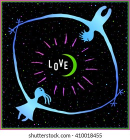 Scarf design vector illustration. girl, boy, moon, stars, love, space.