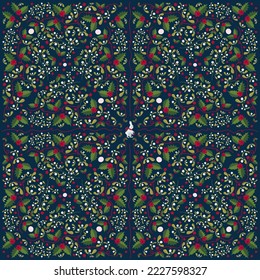 Scarf-Design mit Winterzeichnung. Kaninchen, Heilige und Mistelen Zweige. 