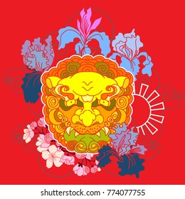 Scarf design,Chinese lion face with iris flower ,Sakura flower and chrysanthemum flower.
