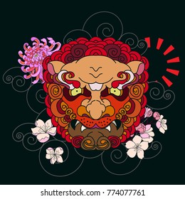 Scarf design,Chinese lion face with iris flower ,Sakura flower and chrysanthemum flower.