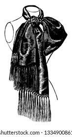 Scarf is designed with tassels at the ends and is tied around that neck, vintage line drawing or engraving illustration.