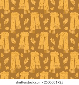 Bufanda y otoño deja patrón sin fisuras. Otoño acogedor accesorios de fondo sin fin. Tapa de repetición estacional. Ornamento continuo de otoño. Vector dibujado a mano ilustración.