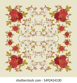 Scarf with a festive ornament. Pattern of bouquets and branches of roses