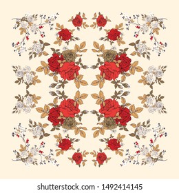 Scarf with a festive ornament. Pattern of bouquets and branches of roses