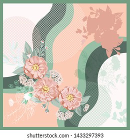 Scarf floral pattern. Bandana, pareo, pillow, home textile design. Cute background for shawl print, textile, covers, pillow, napkin, hijab