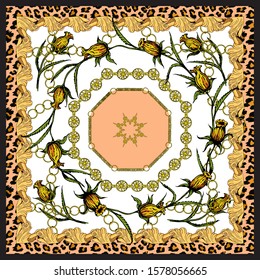 Scarf with a floral pattern and imitation leopard skin. In the middle is an adornment of gold chains.