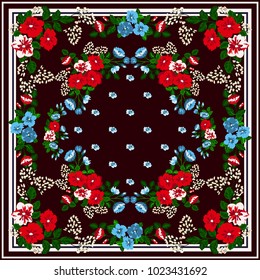 Scarf floral print. Russian style millefleurs. Floral folk enchanting background for scarf print, textile, covers, surface, scrapbooking, decoupage. Bandana, pareo, home textile design