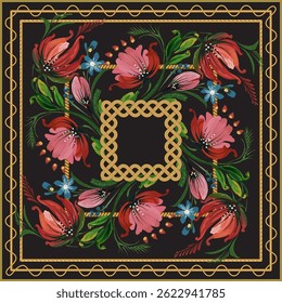 Scarf floral vector pattern from flowers and golden frames on a black background