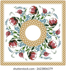 Scarf floral vector pattern from flowers and golden frames on a white background